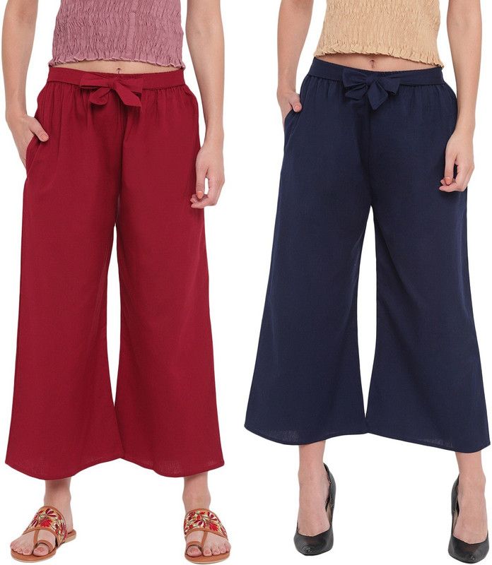 Pack of 2 Women Regular Fit Maroon, Dark Blue Viscose Rayon Trousers