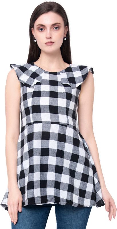 Casual Cap Sleeves Checkered Women Black Top