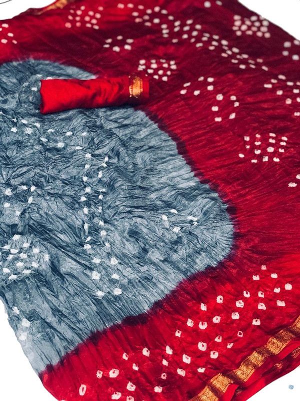 Printed Bandhani Cotton Silk Saree  (Red, Grey)