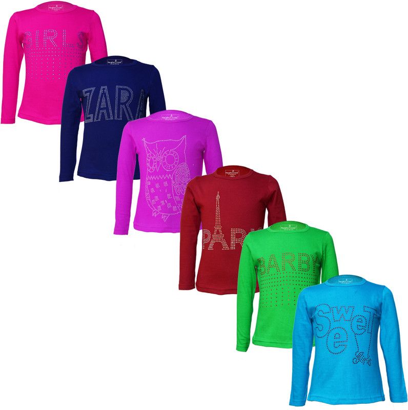 Girls Printed Pure Cotton T Shirt  (Multicolor, Pack of 6)