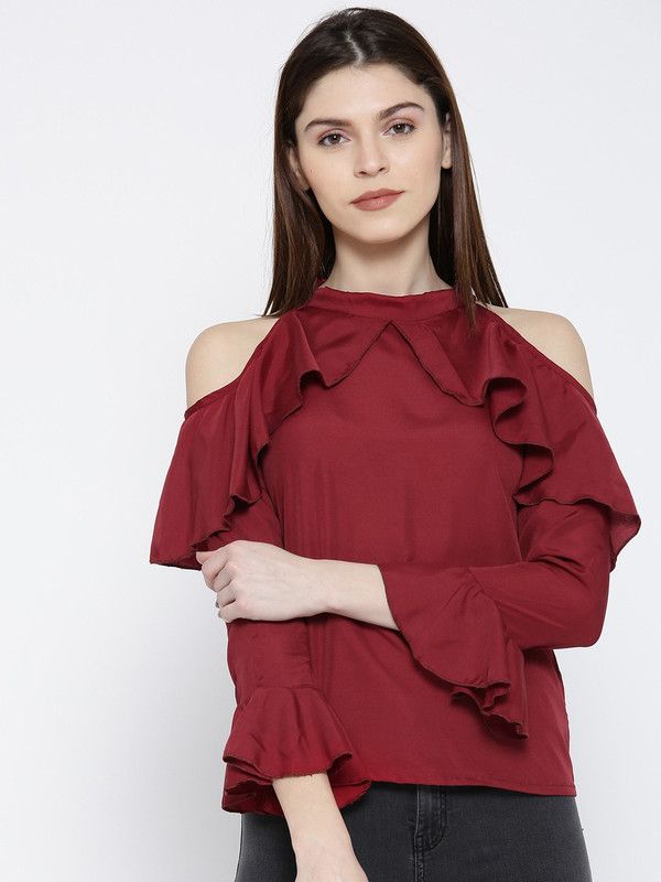 Party Bell Sleeves Solid Women Maroon Top