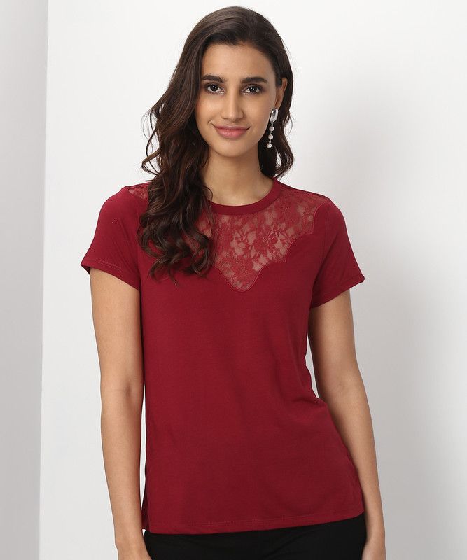 Party Regular Sleeves Lace Women Maroon Top
