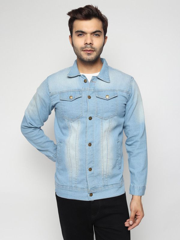 Men Self Design Denim Casual Jacket