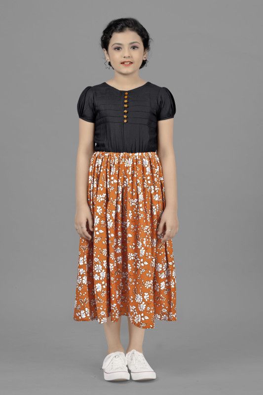 Girls Calf Length Casual Dress  (Black, Short Sleeve)