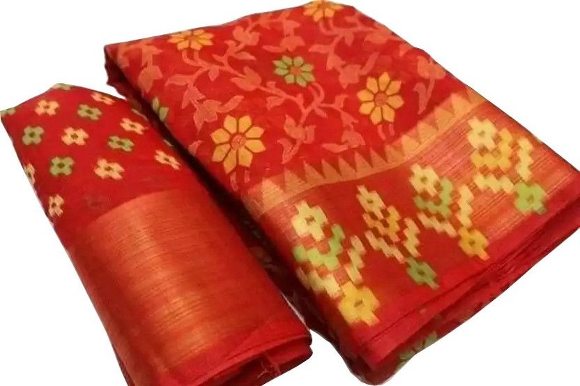 Floral Print Patola Cotton Blend Saree  (Red)