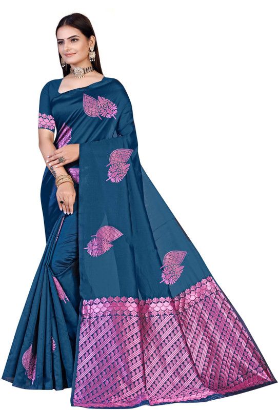 Printed Banarasi Jacquard Saree  (Light Blue)