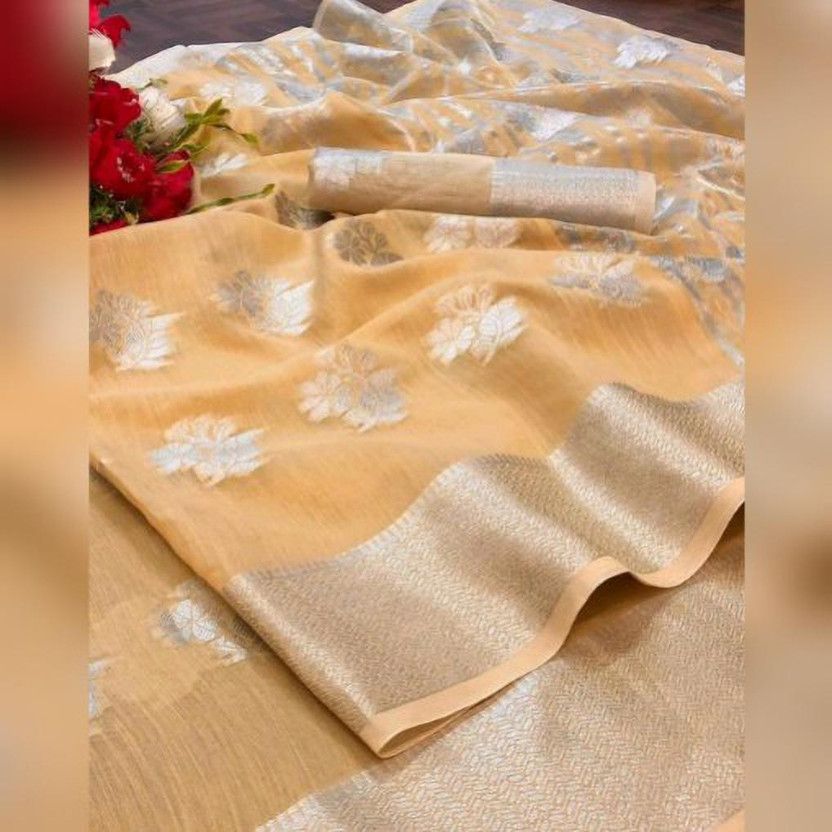 Woven Banarasi Cotton Linen, Linen Saree  (Green)