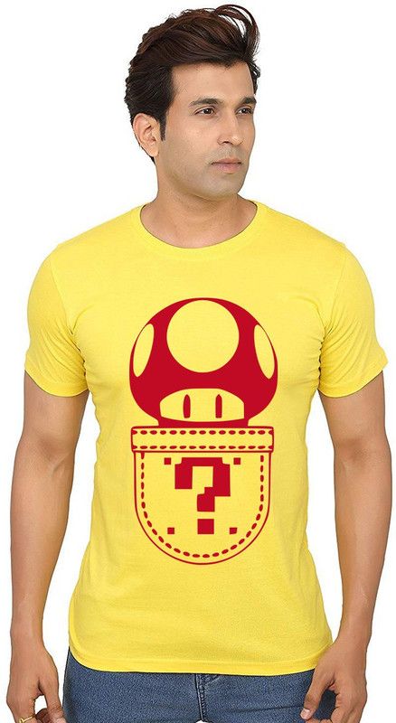 Mushroom Game Men Graphic Print Round Neck Pure Cotton Yellow T-Shirt