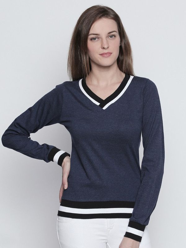 Casual Regular Sleeves Color Block Women Dark Blue Top