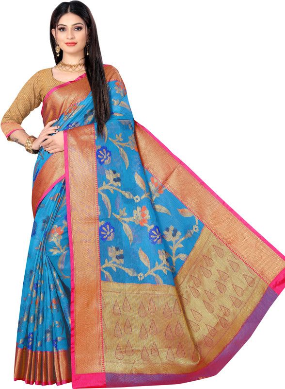 Woven Kanjivaram Organza Saree  (Light Blue)