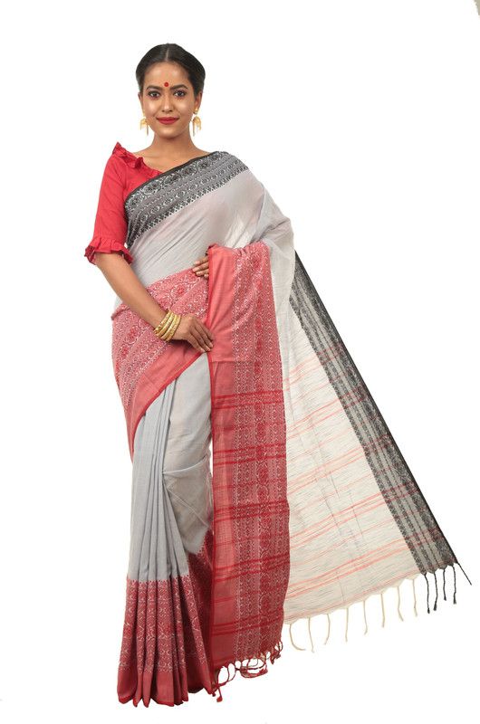 Woven, Self Design Handloom Handloom Pure Cotton Saree  (White, Red)
