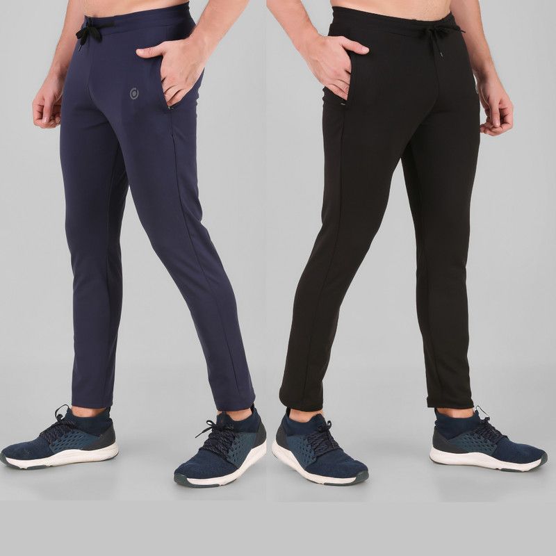 Pack of 2 Men Solid Dark Blue, Black Track Pants
