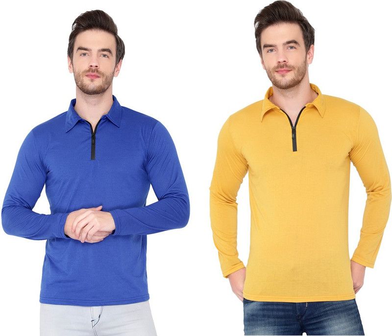 Pack of 2 Men Solid Polo Neck Cotton Blend Gold, Blue T-Shirt