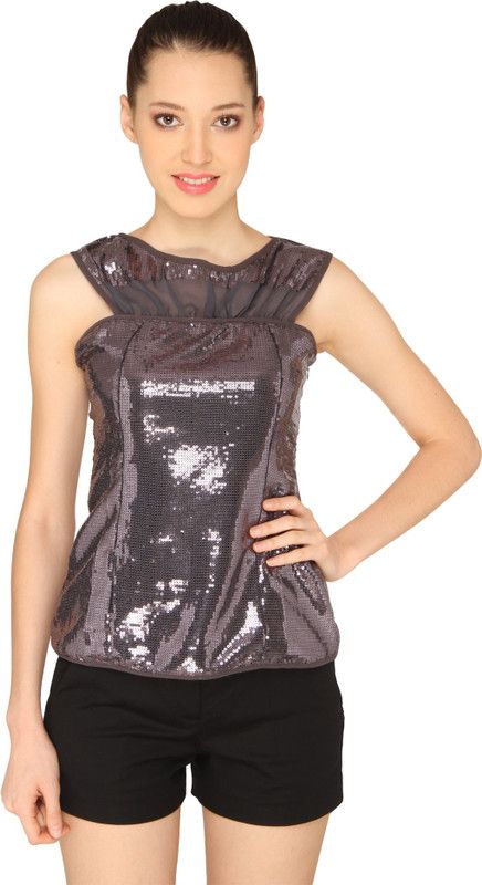 Party Sleeveless Self Design Women Silver, Grey Top