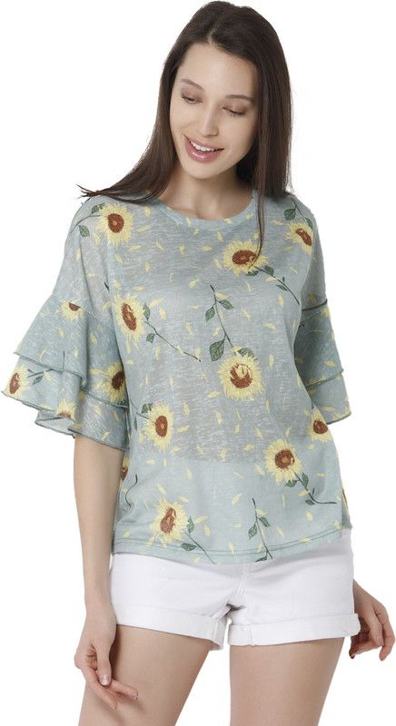 Casual Ruffled Sleeves Printed, Floral Print Women Grey Top