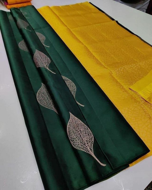 Woven Kanjivaram Jacquard, Art Silk Saree  (Green, Yellow)