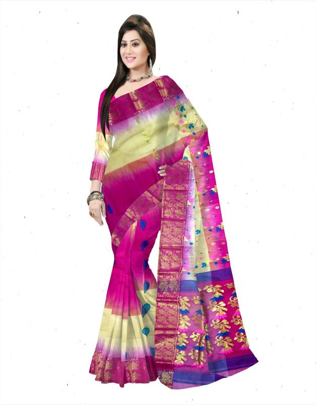 Woven Tant Silk Blend Saree  (Pink, Cream)