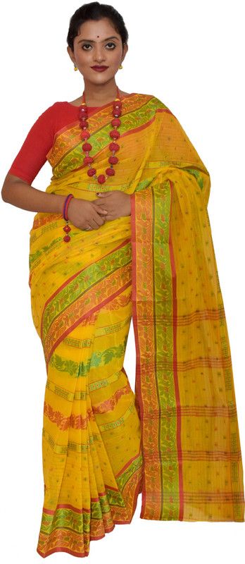 Embroidered Tant Pure Cotton Saree  (Yellow)