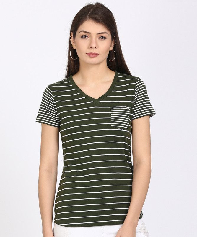 Women Striped V Neck Cotton Blend Green T-Shirt