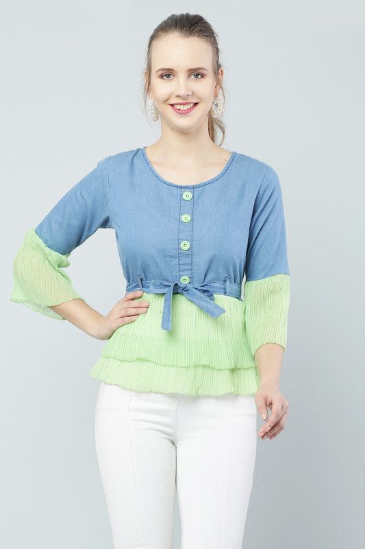 Casual Butterfly Sleeves Color Block Women Light Green Top