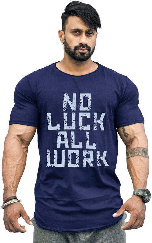 Drop cut bottom Half sleeve Men Typography Round Neck Cotton Blend Navy Blue T-Shirt
