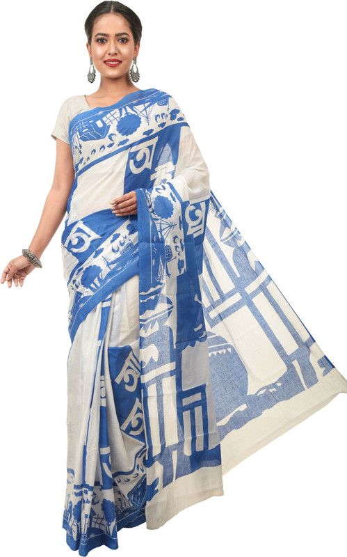 Printed, Digital Print, Self Design Handloom Pure Cotton Saree  (Blue)