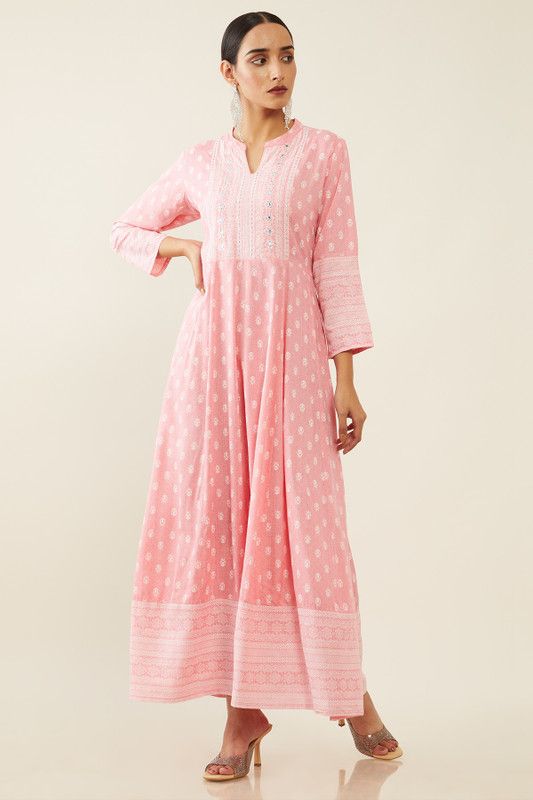 Women Floral Print Silk Blend A-line Kurta  (Pink)