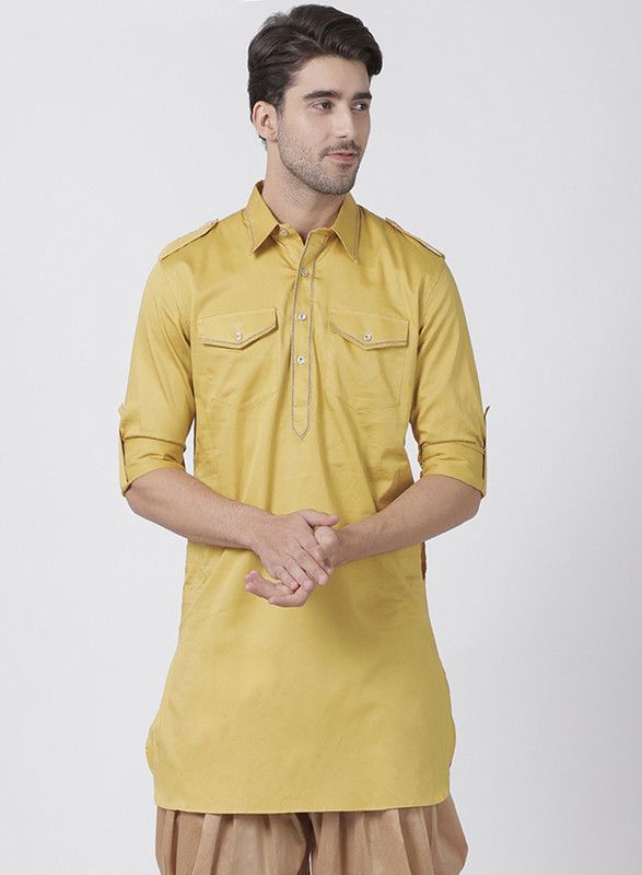 Men Solid Cotton Blend Pathani Kurta  (Yellow)