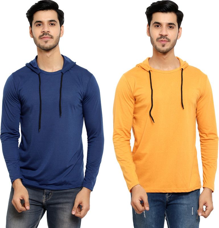 Pack of 2 HMT Men Solid Hooded Neck Cotton Blend Light Blue, Gold T-Shirt