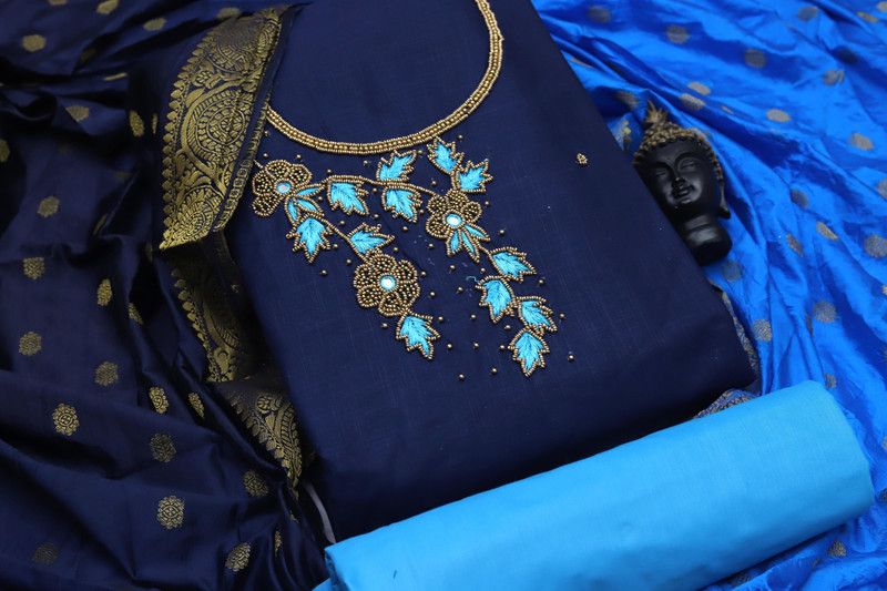 Unstitched Cotton Blend Salwar Suit Material Solid, Embellished