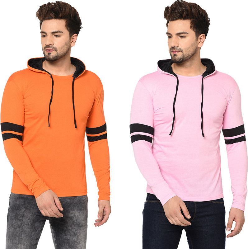 Pack of 2 MZM Men Solid Hooded Neck Cotton Blend Pink, Orange T-Shirt