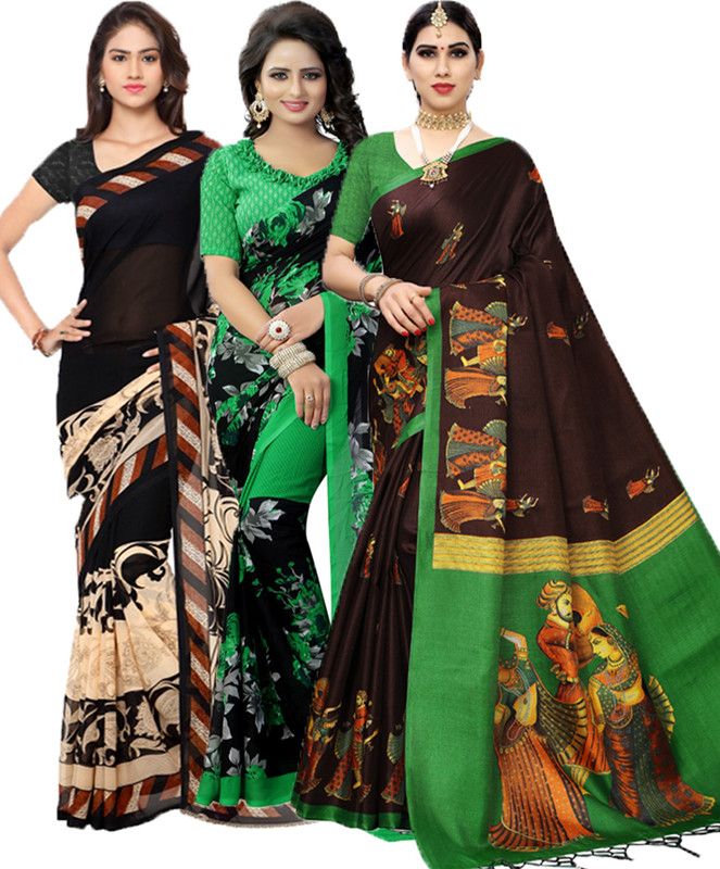 Geometric Print Bollywood Georgette Saree  (Pack of 3, Black, Green)