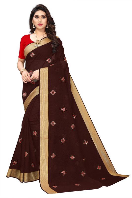 Embellished Bollywood Cotton Blend Saree  (Brown)
