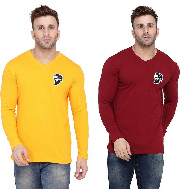 Pack of 2 Men Solid V Neck Cotton Blend Maroon, Yellow T-Shirt