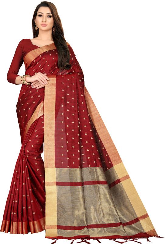 Self Design, Striped, Woven Bollywood Silk Blend Saree  (Gold, Maroon, Beige)