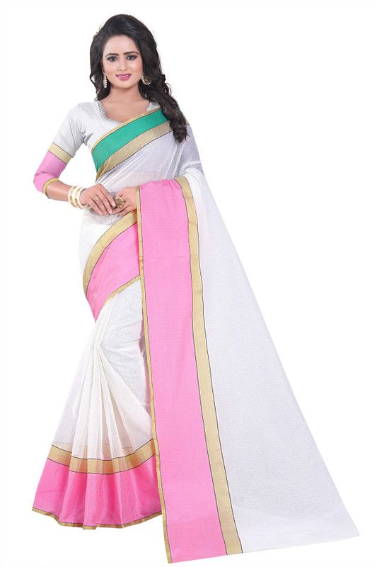 Woven Kota Doria Cotton Blend Saree  (White)