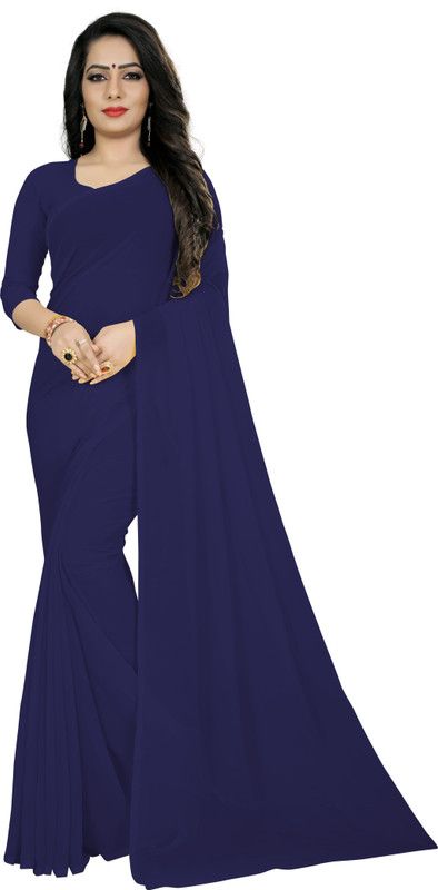 Solid/Plain Bollywood Georgette, Art Silk Saree  (Dark Blue)