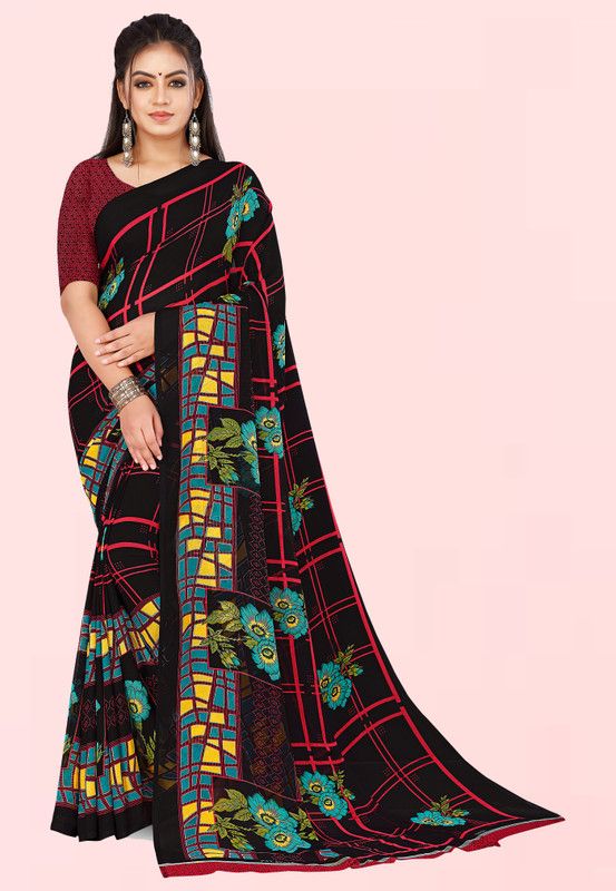 Printed, Graphic Print, Floral Print Daily Wear Georgette Saree  (Black)