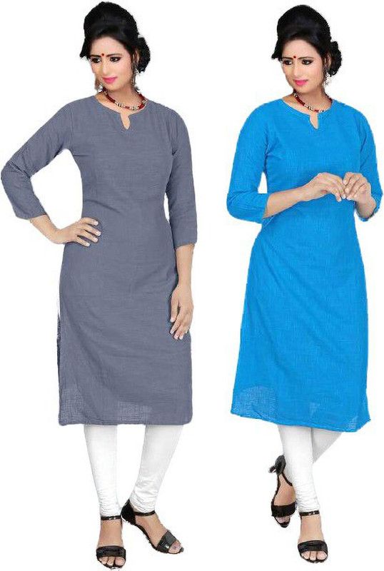 Pack of 2 Women Solid Pure Cotton Straight Kurta  (Blue, Grey)