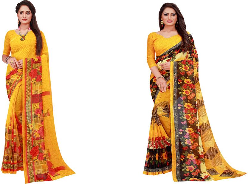 Floral Print Bollywood Georgette Saree  (Pack of 2, Beige)