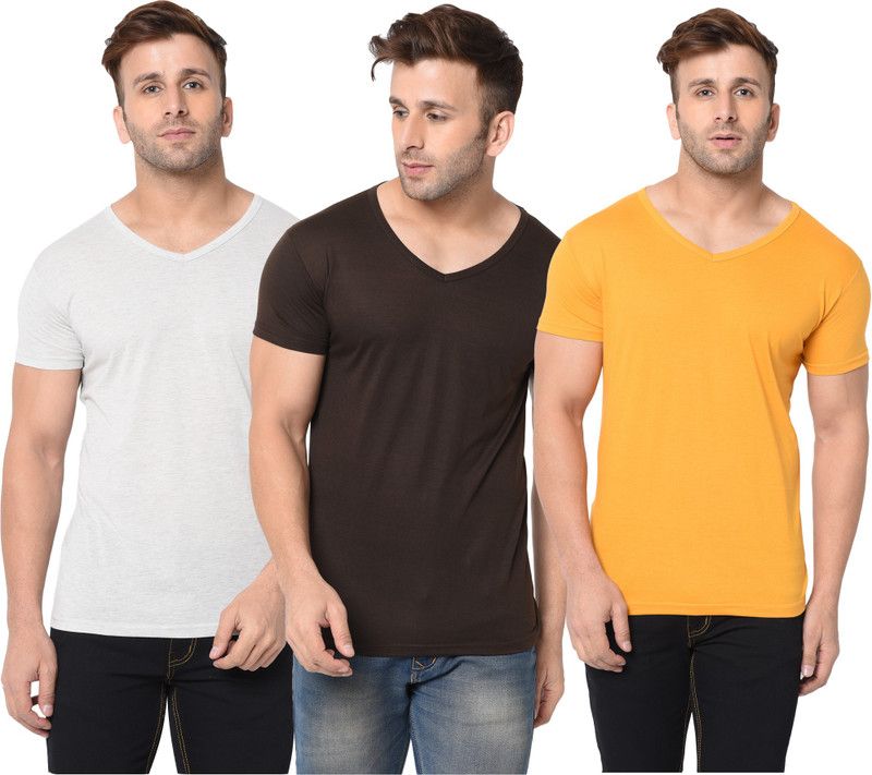Pack of 3 Men Solid V Neck Cotton Blend White, Brown, Yellow T-Shirt