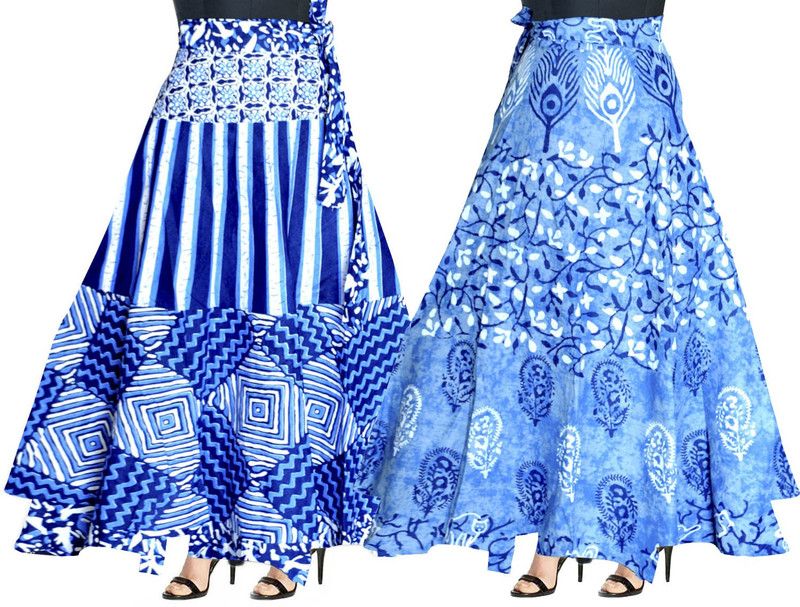 Women Printed Flared Light Blue, Dark Blue Skirt