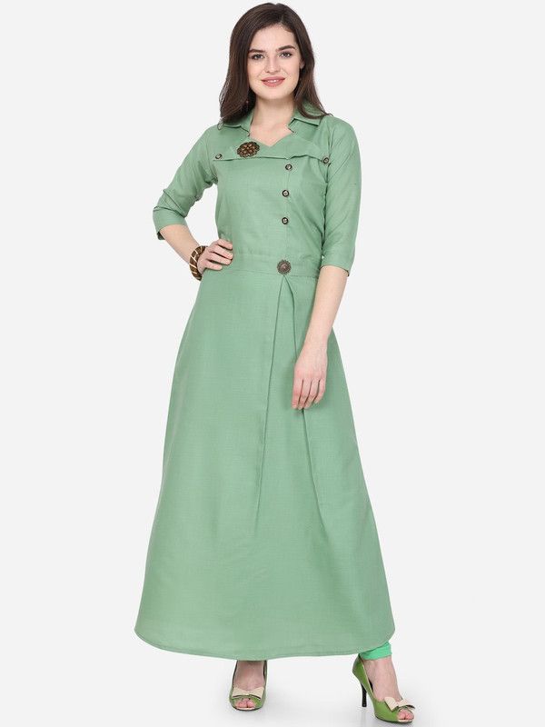 Cotton Blend Stitched Flared/A-line Gown  (Green)