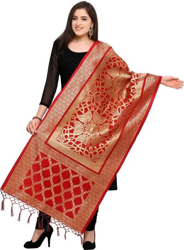 Cotton Blend Woven Red Women Dupatta