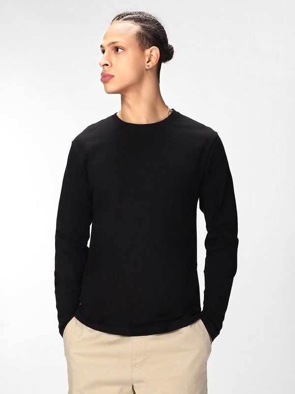 Black V-Neck Full Sleeve T-Shirt Men Solid Round Neck Cotton Blend Black T-Shirt