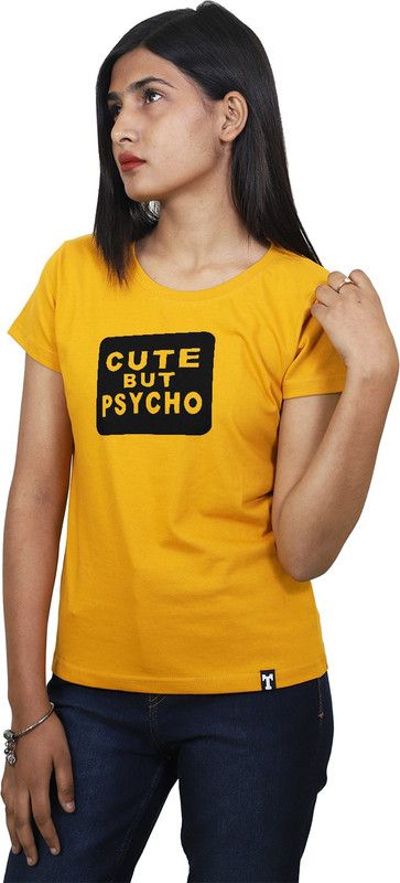 CuteButPsycho-1XL-Y Women Graphic Print Round Neck Reversible Cotton Blend Yellow T-Shirt