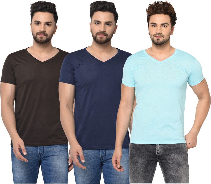 Pack of 3 V neck Combo T-shirts Men Solid V Neck Cotton Blend Dark Blue, Light Blue, Brown T-Shirt