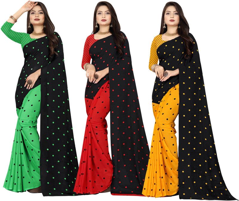 Polka Print Bollywood Georgette Saree  (Pack of 3, Multicolor, Green, Black)