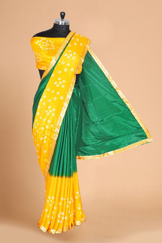 Bandhani Silk Blend Saree  (Yellow, Green)