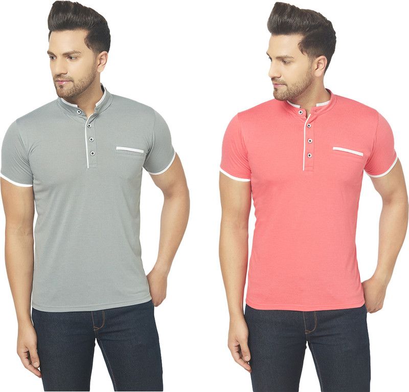 Pack of 2 Men Solid Henley Neck Cotton Blend Pink, Grey T-Shirt